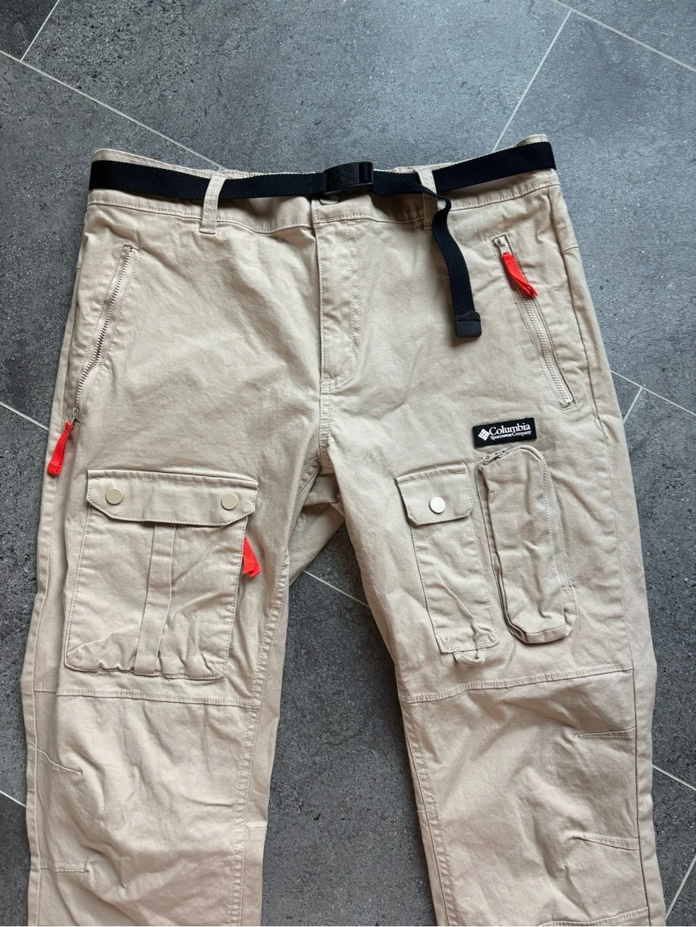 Columbia Men’s Tan Cargo Pants with Red Accents